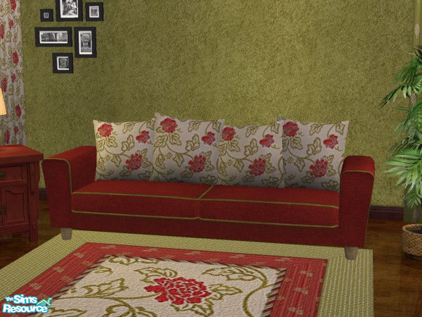 Sims 2 — Cottage Decor Set 3-Ember Rose Sofa by froilan — Lovely red sofa with green trim and Rose pattern cushion. Part