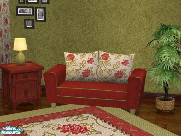 Sims 2 — Cottage Decor Set 3-Ember Rose loveseat by froilan — Lovely red loveseat with green trim and rose pattern
