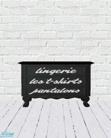 Sims 2 — Le French Dresser by salixlikescake — Black dresser with white words as each drawer\'s handle.