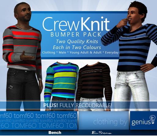 Sims 3 — Crew Knit Bumper Pack [by genius] by tomf60 — Welcome to genius! My new brand of products for The Sims 3. Whilst
