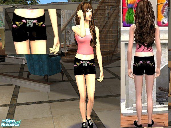 Sims 2 — Black Embroidered Hot Shorts by LadyDeluxe — Cool off in this black with embroidered spring stitching pair of