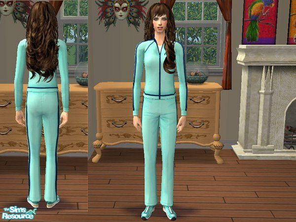 Sims 2 — Teal YA Exercise Suit by LadyDeluxe — A recolor of the young adult exercise suit with the words on the backside