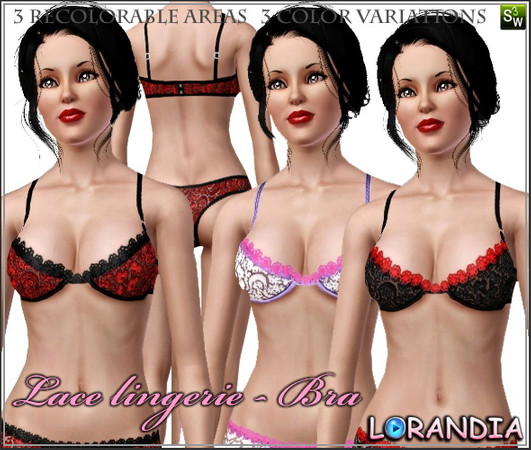 Sims 3 — Lace Bra by LorandiaSims3 — Lace Bra for your sims 3 female wardrobe. 3 recolorable areas, 3 color variations in