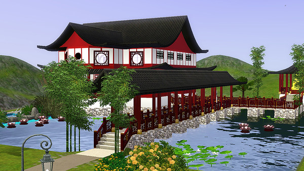 Sims 3 — Yu Yuan by shinseina — Yu Yuan is an Asian home in the midst of water, with its own shrine. Over a bridge you