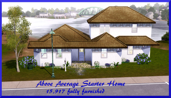 Sims 3 — Above Average Starter by tilda11 — Fully furnished kitchen, dining, living, bathroom, and bedroom downstairs.
