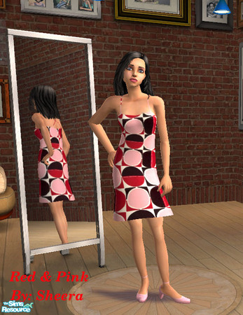 Sims 2 — Red & Pink by Sheera — Female Teenage everyday outfit, the fabric is mod red and pink half circles, pink