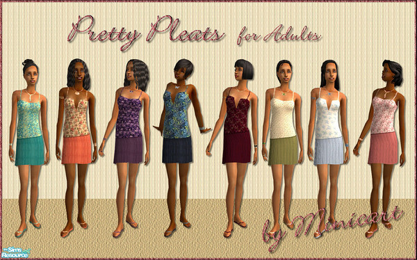 Sims 2 — Pretty Pleats by minicart — A set of eight pretty pleated skirts with matching tops in turquoise, peach, purple,