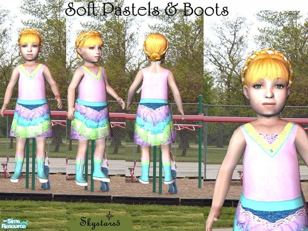 Sims 2 — Soft Pastels & Boots by skystars5 — An adorable dress with layers of soft pastel colors in silk and denim.