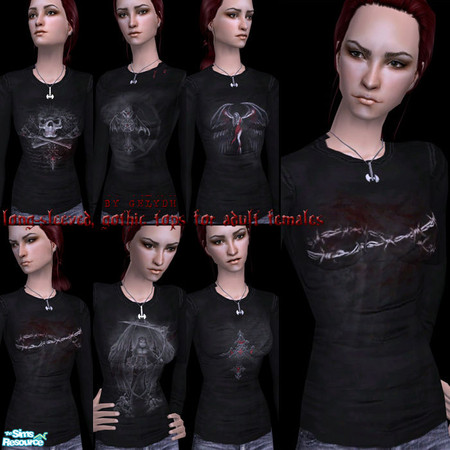 Sims 2 — Gothic Tops for Adult Females by gelydh — Set of 6 long-sleeved shirts for adult females with gothic designs. No
