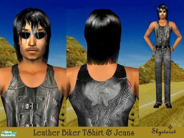 Sims 2 — Leather Biker TShirt & Jeans by skystars5 — This set comes with a Black leather TShirt with buckles on the