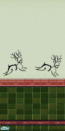 Sims 2 — Holiday Reindeer Half Tile Wall by ToreySim — Frolicking reindeer leap on a field of pale green paint over a red