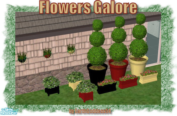 Sims 2 — Flowers Galore by EarthGoddess54 — Set includes large spherical plant, box planter, small box planter, and wall
