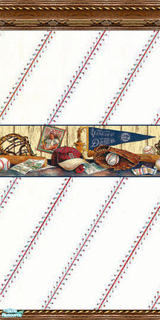 Sims 2 — Dugout Wallpaper by Riverwillows — Terrific baseball themed wallpaper with weathered oak mouldings. By
