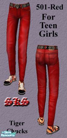 Sims 2 — Levi\'s 501 Red & Chucks for Teen Girls - Tiger by 71robert13 — Red Levi\'s 501 Jeans with tiger Converse