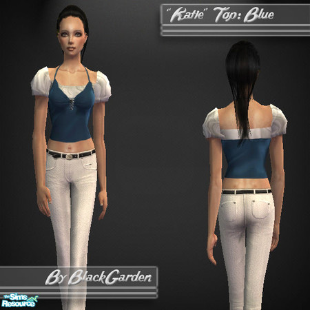 Sims 2 — Katie Top - Blue on White by BlackGarden — A ruffled shirt with a fitted halter neck over the top. With a white