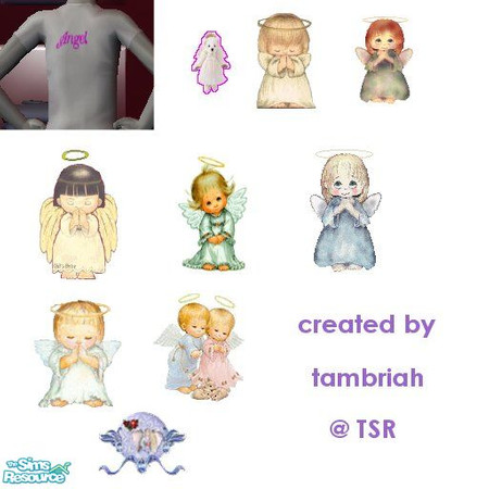 Sims 2 — tams angel clothing set 2 by tambriah — 9 white child shirts with different pictures of angels on them and the
