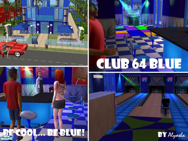 Sims 2 — Club 64 BLUE by Alyosha — Welcome to Club 64 BLUE... features a bowling alley, bar, lounge, dance area,