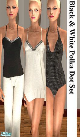 Sims 2 — Black & White Dotty Set by agaliha5 — A set of two pjs (pants/cami and a nighty) and a bathing suit. The pj