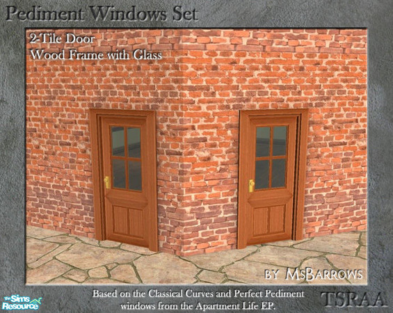 Sims 2 — Pediment Set - 2-Tile Door - Wood Glass S by MsBarrows — Wood framed 2-tile wide door with glass panes. Straight