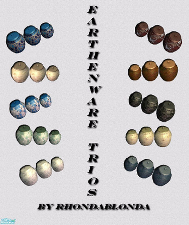 Sims 2 — Earthenware Trios by RhondaBlonda — A collection of earthenware canisters to add a little variety to your sims