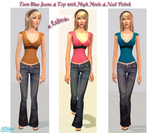 Sims 2 — Teen Flared Jeans & Top by RockinRobin — Cute jeans, top, and high heels. Also includes rings and nail