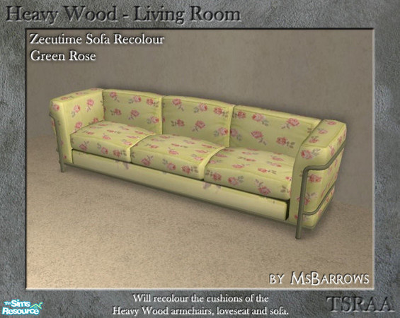 Sims 2 — Heavy Wood - Zecutime Green Rose by MsBarrows — A recolour of the Zecutime Sofa in a pattern of pink roses on a