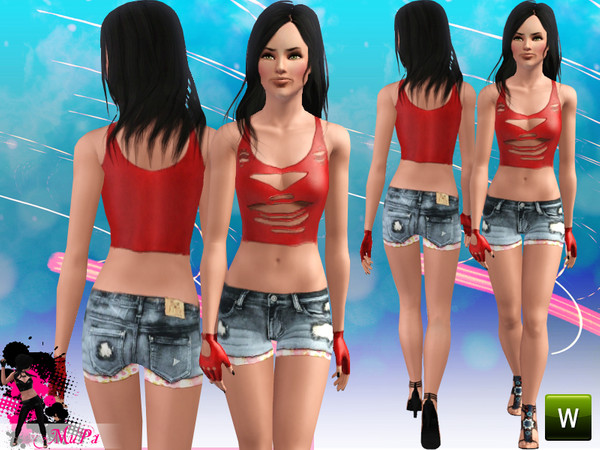Sims 3 — Broken by miraminkova — Cut out short vest and destroyed shorts.