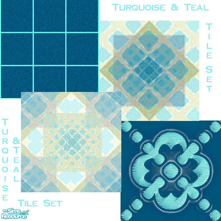 Sims 2 — Turquoise & Teal Tile Set by okadoka — A set of four tiles in Turquoise & Teal Patterns. Use these along
