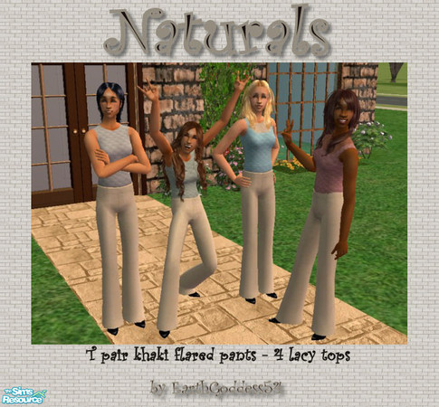 Sims 2 — Naturals by EarthGoddess54 — A simple set of adult female clothing: one pair of flared khaki pants and four lacy