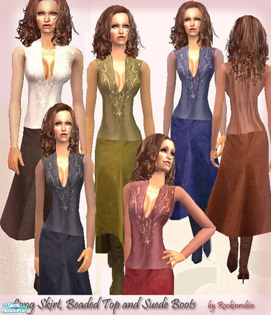 Sims 2 — Long Skirt Outfit with Boots  by RockinRobin — Stylish long skirt with beaded top that has sheer sleeves and