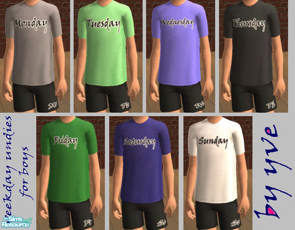 Sims 2 — weekday undies for boys by yve — boxers and t-shirt for every day of the week...