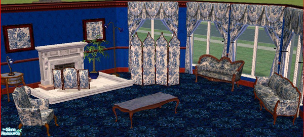 Sims 2 — Blue Toile Victorian by fizz bomb — A Victorian drawing room in a blue toile fabric