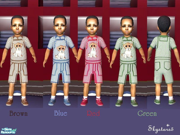 Sims 2 — Striped Coveralls by skystars5 — A set of four colorful striped coveralls in Brown, Blue, Red, and Green for