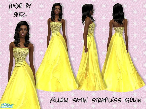 Sims 2 — Yellow Satin Strapless Gown by BBKZ — Based on gown created by real designer. Available for YAs/adults. No EP