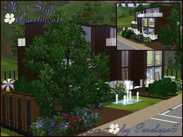 Sims 3 — Mod Syle Apartments  by PenelopeT — This 3-story fully furnished and functioning apartment complex is perfect
