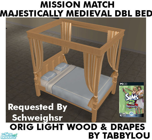 Sims 2 — TL - MM MajesticMedDblBed OrigLightAllWd by TabbyLou — Maxis Original Light Wood & Light Drapes Recolor of
