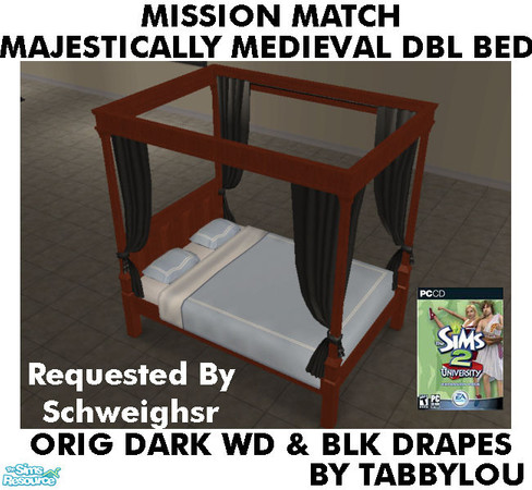 Sims 2 — TL - MM MajesticMedDblBed OrigDarkBlkWd by TabbyLou — Maxis Original Dark Wood & Black Drapes Recolor of
