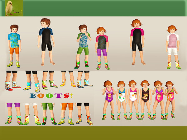 Sims 3 — punie kids group 17 by punie — Kids swimwear and boots! 1 hand made wetsuit for boy and girl child. 1 Dora