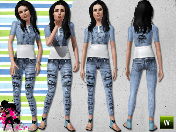 Sims 3 — Cannibal [Teen] by miraminkova — Short denim jacket and t-shirt combined with detroyed jeans for your little
