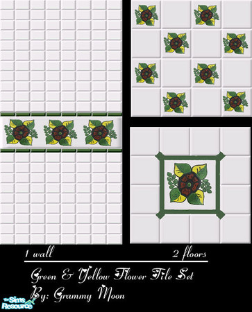 Sims 2 — Green & Yellow Flower Tile Set by Grammy_Moon — This set includes 1 tile wall & 2 tile floors. 