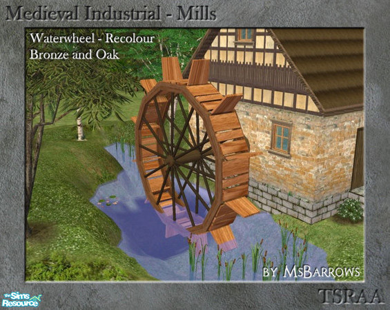 Sims 2 — Med Ind - Waterwheel - Bronze + Oak by MsBarrows — An improved version of my old waterwheel mesh. Does not