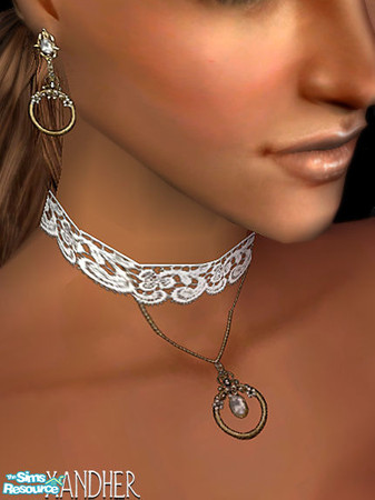 Sims 2 — Collette Choker #8 by Xandher — A simple white lace choker paired with a unique looking glass pendant with pearl