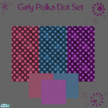 Sims 2 — Girly Polka Dot by hells_pardon — Set of 3 Wallpapers in pink, purple, and blue with matching poured concrete