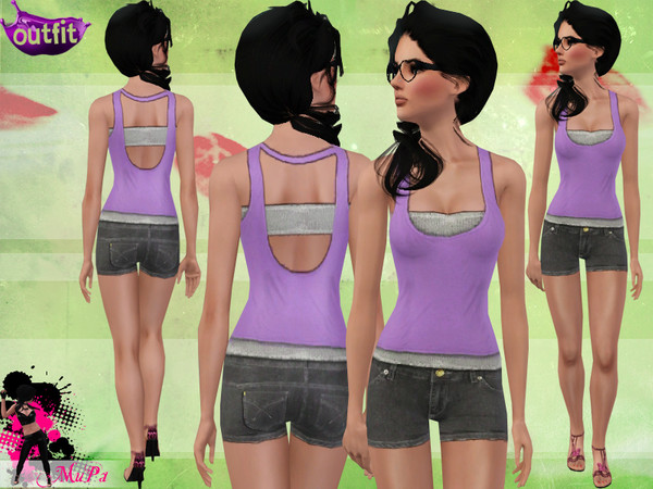 Sims 3 — Upgrade U Outfit by miraminkova — Upgrade U Outfit includes cute denim shorts with vest with open back and short