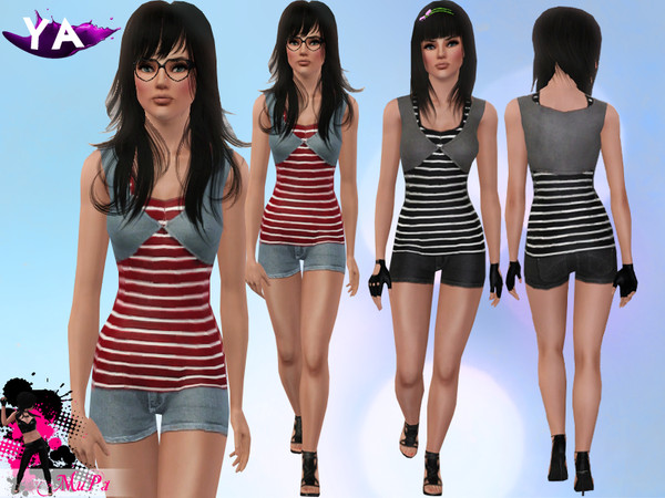 Sims 3 — Twinkling Outfit by miraminkova — Fashionable outfit which includes stripe t-shirt(partly recolorable), short