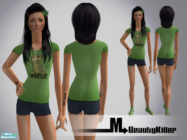 Sims 2 — Beauty Killer by miraminkova — Fashionable everyday outfit - includes cute short jeans and graphic T-shirt.