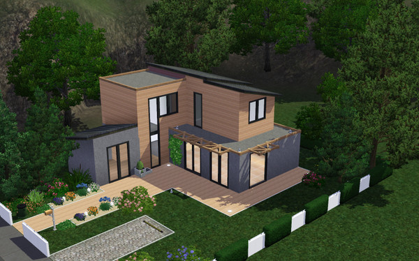 Sims 3 — cubehouse1 by chaton9 — 3ch, 2 sdb, living, cuisine, jardin