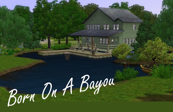 Sims 3 — Bayou Born by Birchpath64 — 60x60 lot features a small saltbox surrounded by water supported by stone pillars.