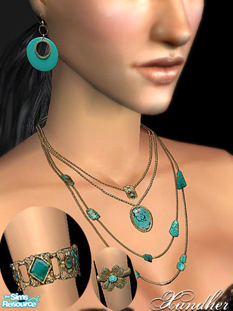 Sims 2 — Amalgam Layered Jewelry # 4  by Xandher — A collection of gold chains with turquoise beads and a large drop