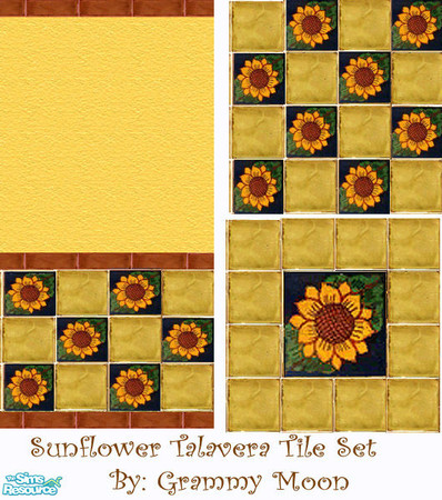 Sims 2 — Talavera Sunflower Tile Set by Grammy_Moon — Hand painted, ceramic, Mexican Talavera tiles in a sunflower